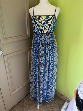 Blue Patterned Spaghetti-Strap Maxi Dress